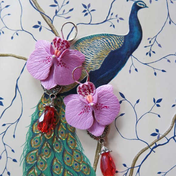 Handmade Jewelry - NEW Pink Orchid Flower Red Crystal Earrings